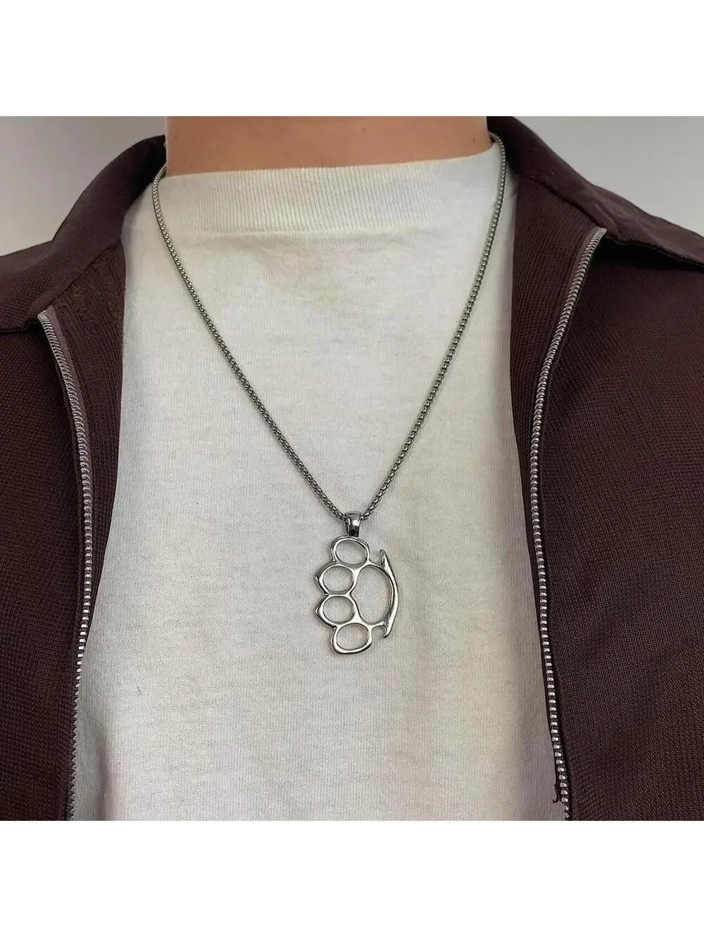 Cyber Grunge y2k Brass Knuckle Stainless Steel Silver Necklace. Chain is